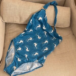NWT Anthropologie Tibi Blue Seahorse Print Swimsuit single shoulder one piece M